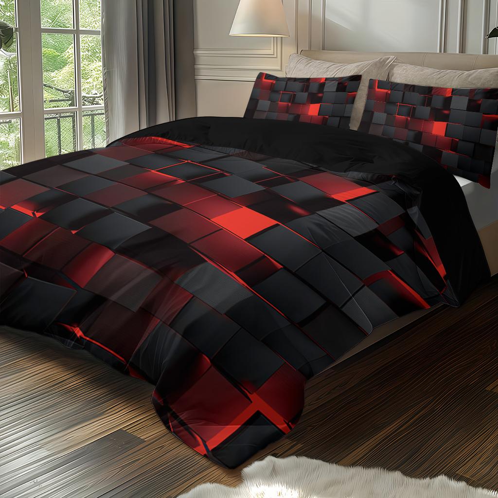 3pc Bed Set with Black and Red Plaid Print, Including Bed Sheets and Two Pillowcases, Suitable for Bedroom Rooms