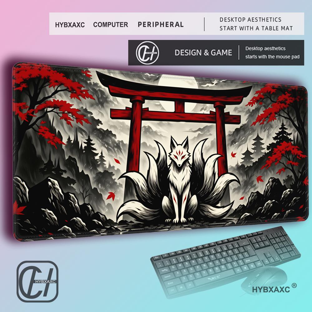 HYBXAXC White Fox Spirit Gaming Mousepad Cool Japanese Kitsune Desk Mat Red Black Mat For Anime Lover Fantasy Scene With Moon 400x800x2mm