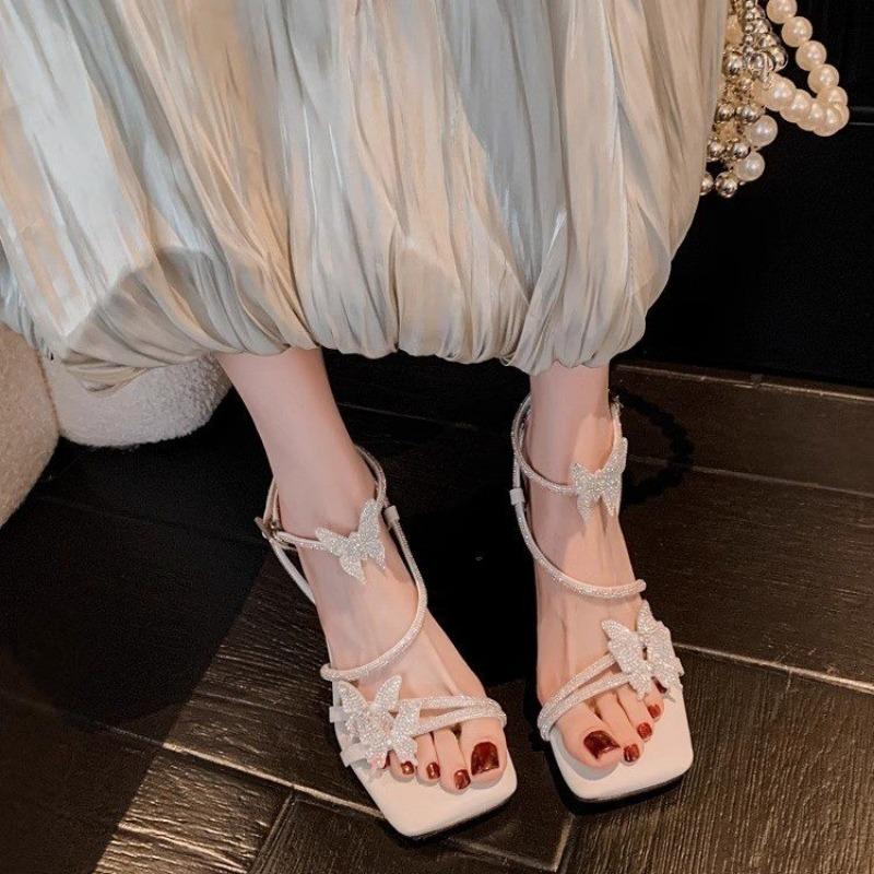 Fashion Fashion Crystal Butterfly Knot Stiletto Sandals Summer New Square Head Open Toe Stiletto Set Foot Non-slip High Heels