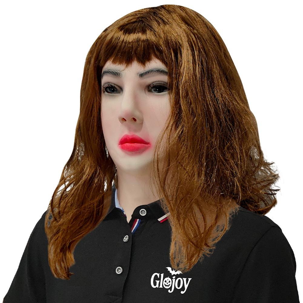 Long Hair Beautiful Woman Funny Character Hood Masquerade Live Face Mask Halloween Party Spoof Props