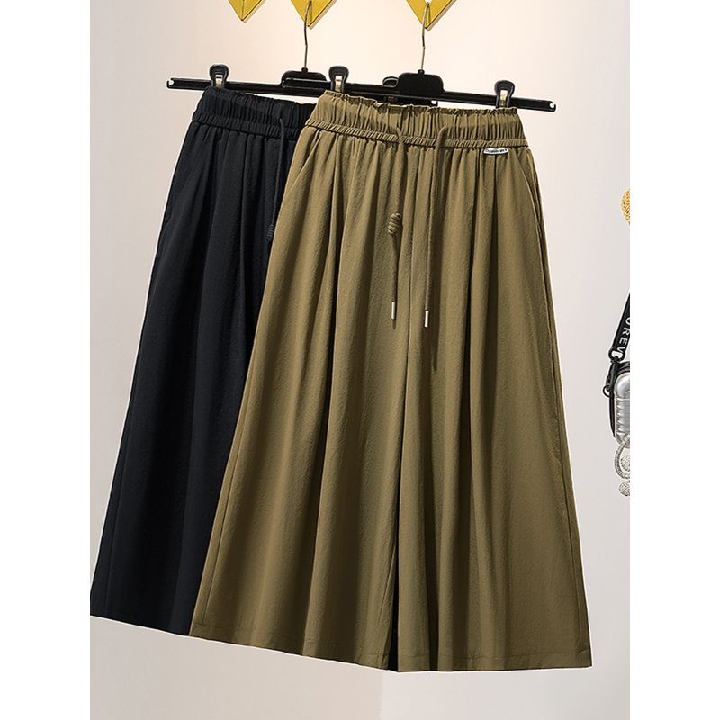 Japanese and Korean Plus Size Women's Clothing Artsy Summer High Waist Shoelace Thin Tencel Casual Cropped Wide Leg Culottes Trendy M-4XL