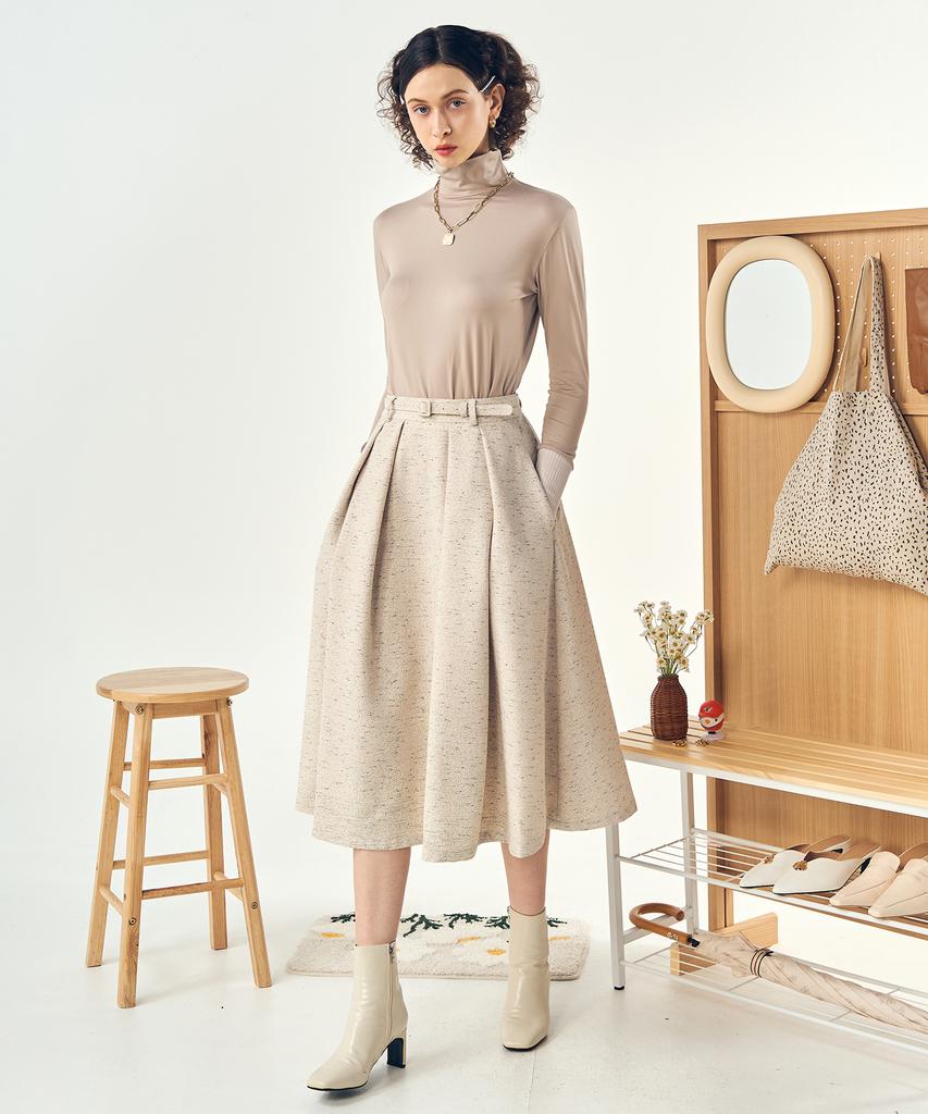 Pelimela Twill A-Line Belted Skirt Set (Beige)