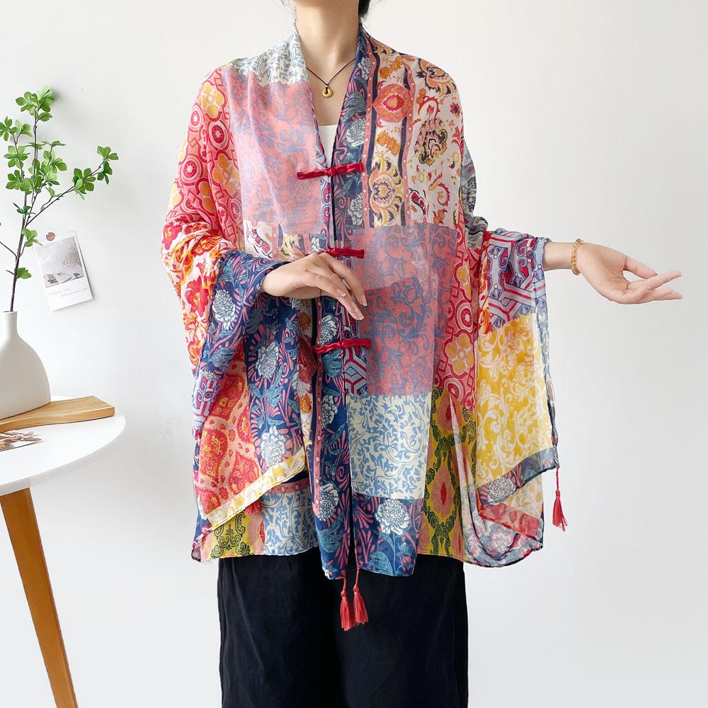 2024 new sunscreen ethnic style buckle shawl women s Chinese style silk scarf mother temperament Nepal printed scarf