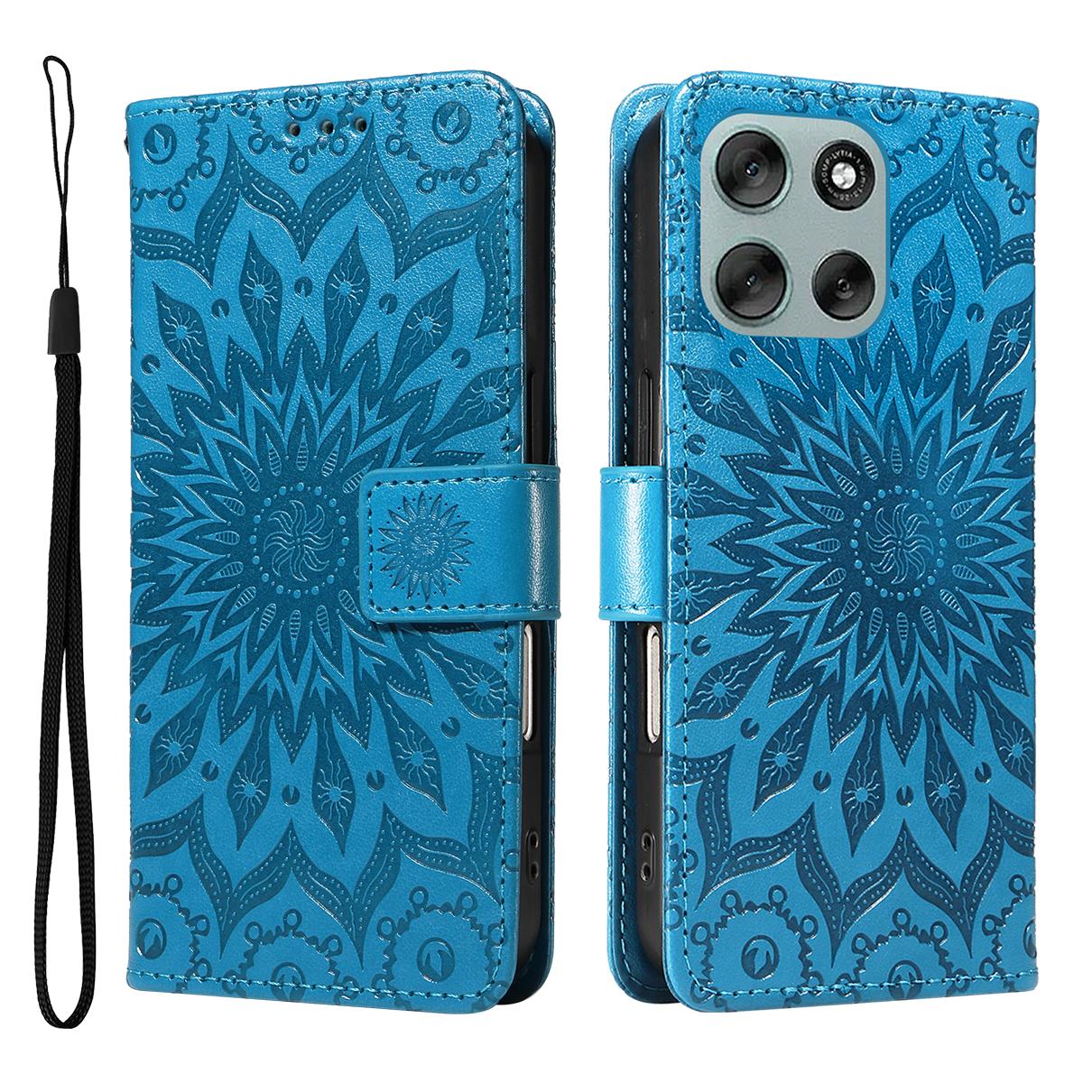 

For Motorola Moto G56 5G Leather Wallet Case Sunflower Imprinted Phone Cover Blue