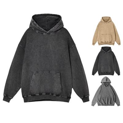 Unisex-Kapuzenpullover für Herbst und Frühling, große Tasche, mit Kapuze, lockerer Used-Look, gewaschen, elastische Bündchen und Saum, schräge Schultern, reine Farbe, lockeres Sportwear-Oberteil
