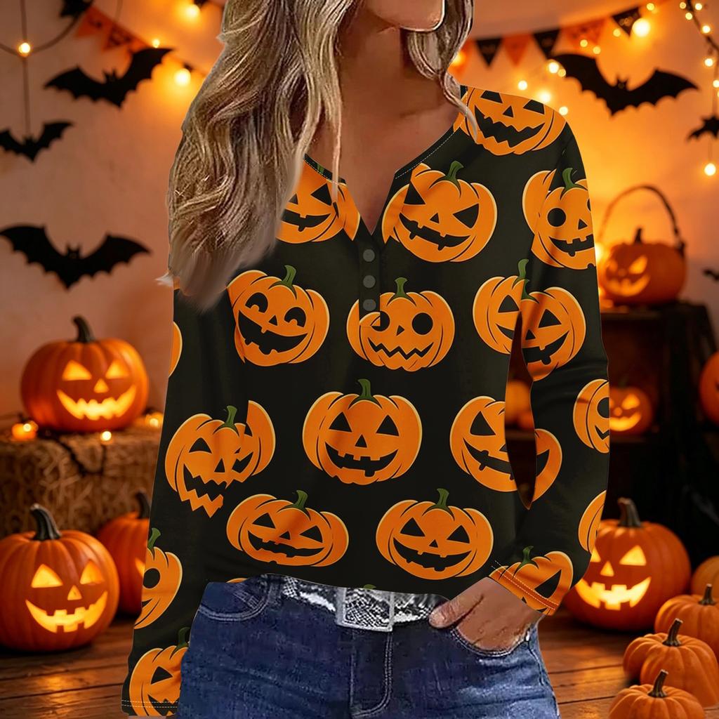 Damen Casual V-Ausschnitt Langarm T-Shirt mit dekorativen Knöpfen und Halloween-Thema Aufdruck für den täglichen Gebrauch