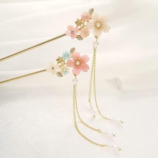 Sakura Flower Pearl Hairpin Hair Clip Bangs Holder Ornament Japanese Style Yukata Traditional Kimono Accessory (Sakurazaka)
