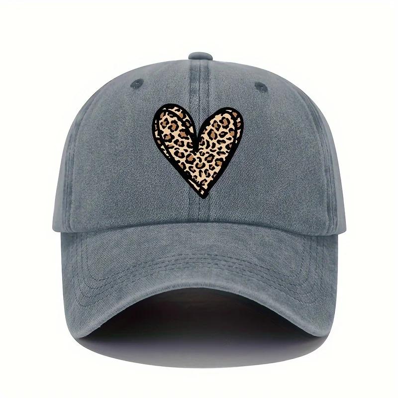 

Leopard Heart Print Baseball Cap Unisex Washed Retro Adjustable Sun Hat Casual Sports Cap One Size
