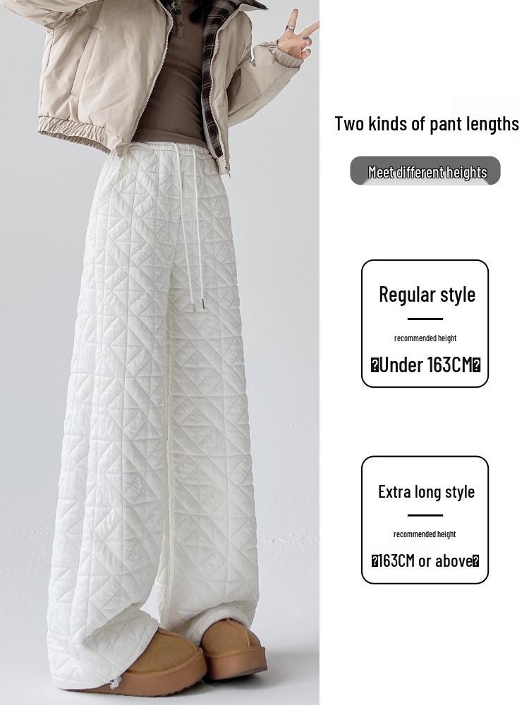 Women's Diamond Quilted Wide-Leg Winter Pants, Velvet Lined, Warm Cotton, Floor-Length, Two-Way Wear, Northeast Style.