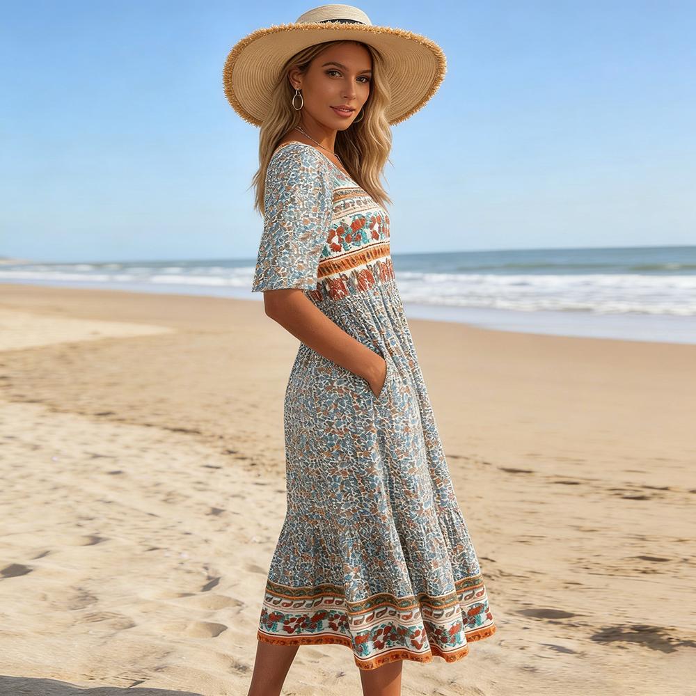Women Bohemian Print Half Sleeve Flowy Midi Dress Elegant Outdoor Daily Wear