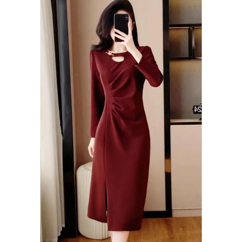 

Solid Color Round Neck Hollow Women s Smocked Long Sleeve Fashionable Elegant Dress M
