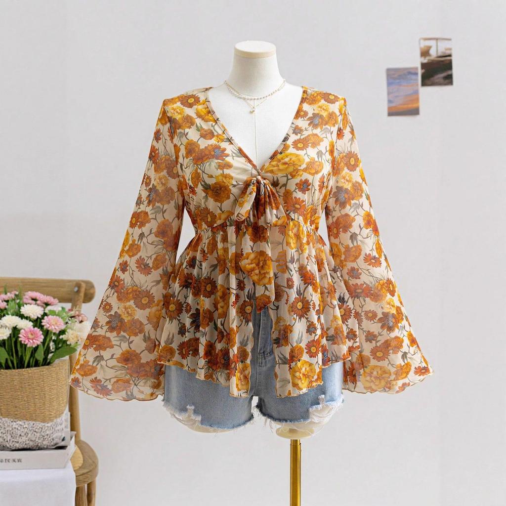 Top damski z dekoltem w serek, z nadrukiem w stylu wakacyjnym, z luźnymi rękawami rozszerzanymi