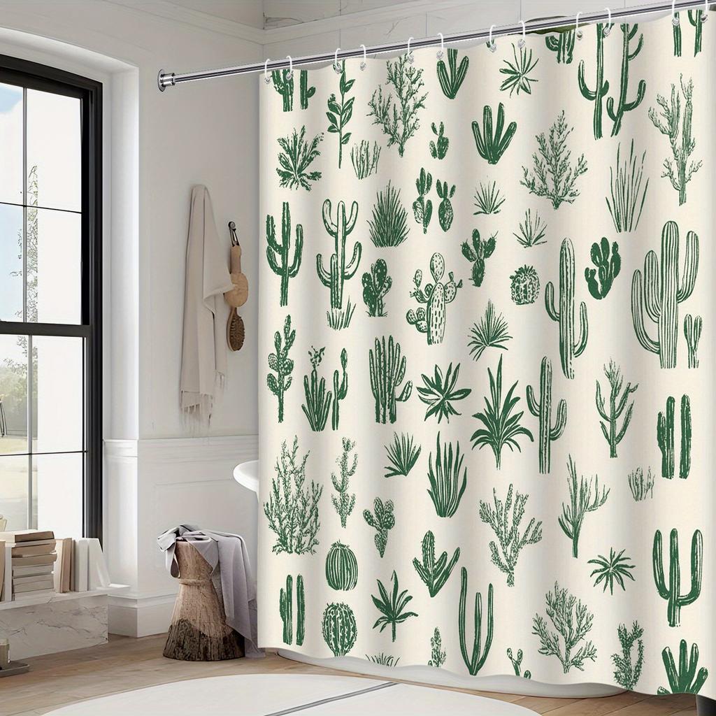 Desert Cacti & Succulents Shower Curtain - Monochromatic Green Design, Light Beige Background, Hand-Drawn Minimalist Style
