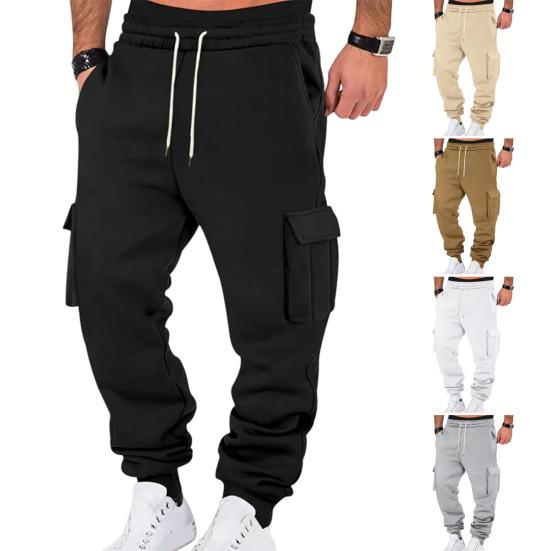 Men Cargo Pants Mid-rise Adjustable Waist Drawstring Casual Trousers with Reinforced
