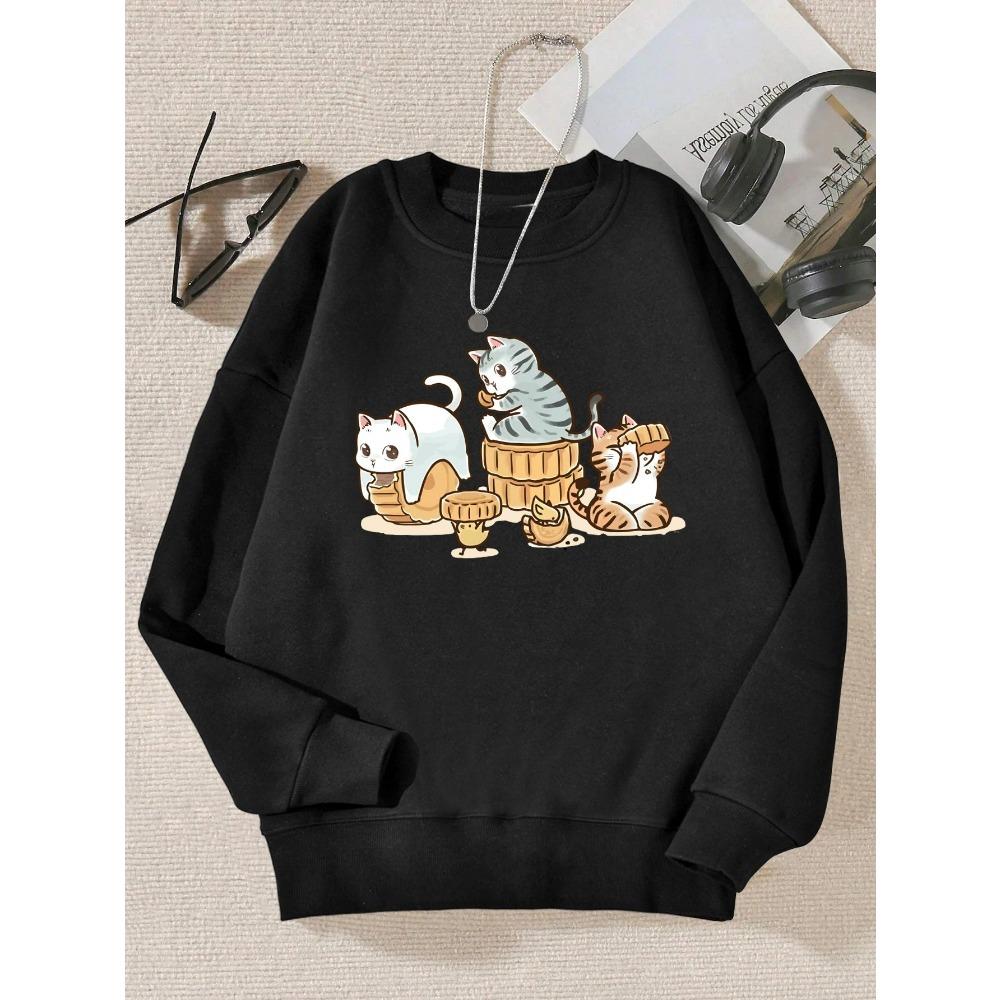 The Cat Secretly Eating Pastries Print Female Pullovers Simple Casual Hoody Autumn Loose Sweatshirt Hipster Sportswears
