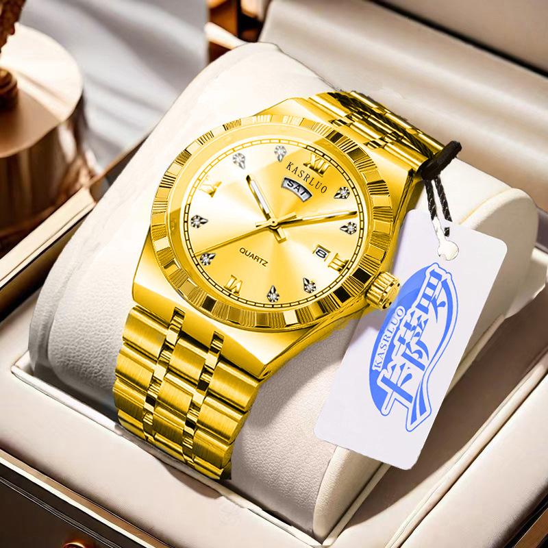 Men'S Watch Stainless Steel Waterproof Non-Mechanical Luminous Calendar Fashion Steel Belt Watch