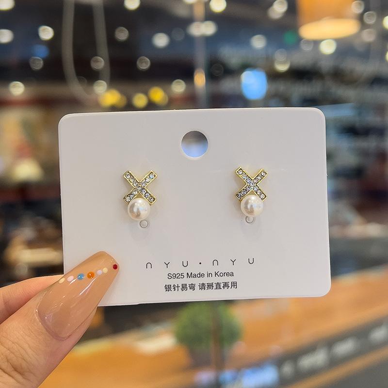 925 Silver Needle Temperament High-end Full Diamond Pearl Earrings Women's ins Wind Geometric Earrings Korean Light Luxury Earrings