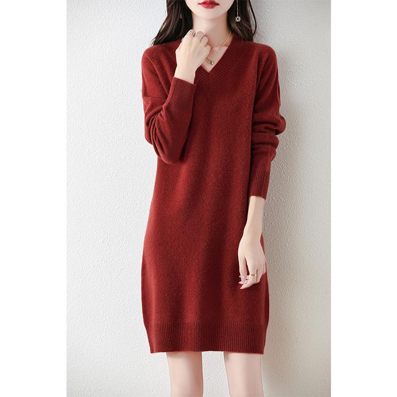 Women's V-Neck Mid-Length Cashmere Knit Dress - Loose Sheath Pullover, 100% Pure Cashmere