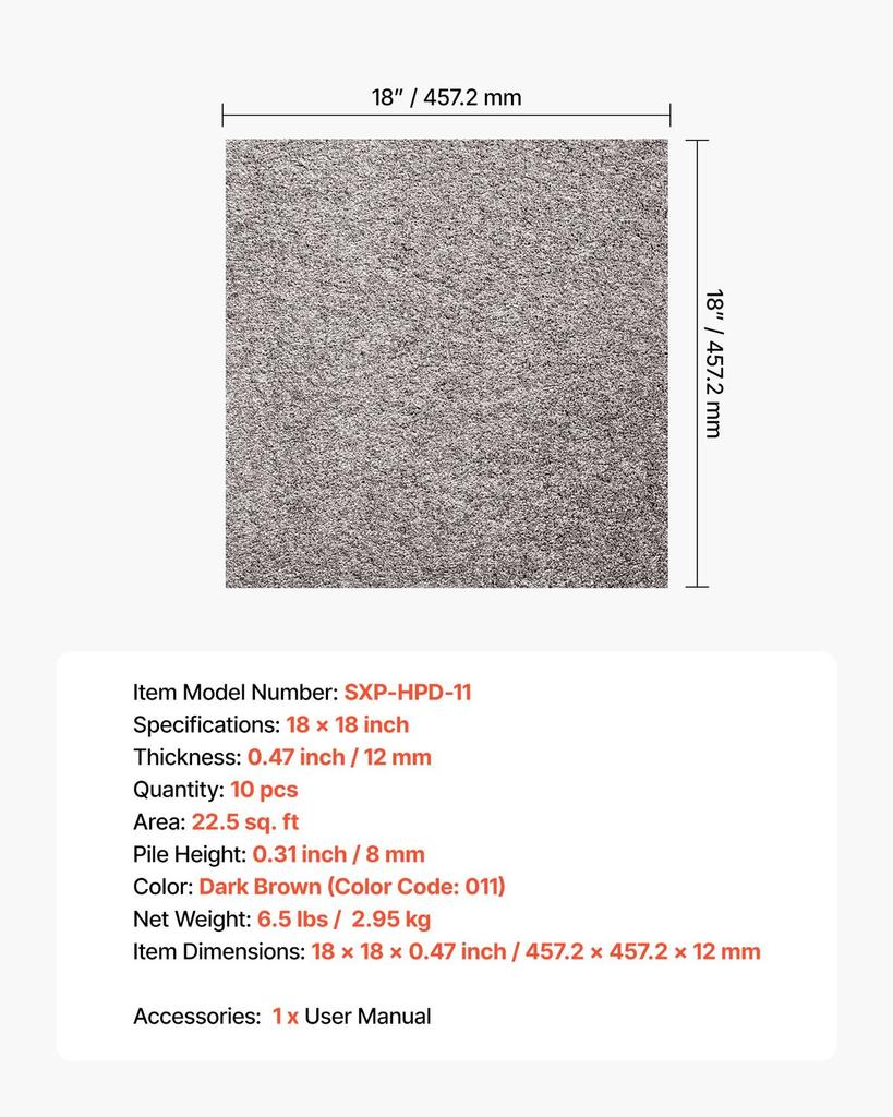 Carpet Tiles 457x457 mm, 10 Pack Carpet Square Rug Detachable & Damage-free, Self Adhesive Home Floor Soft Plush Padded for 2.1 Coverage, Easy DIY for