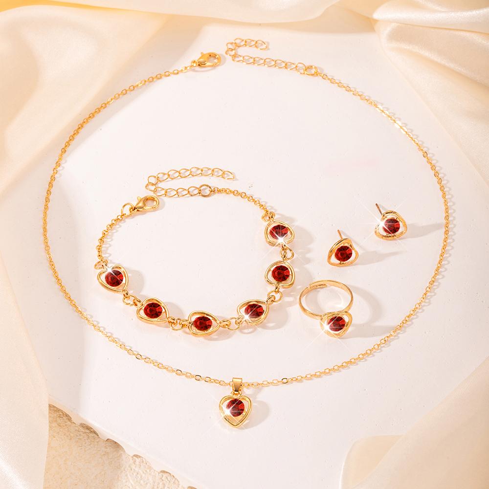 5pcs Women Zircon Set, Fashionable and Casual Heart Necklace, Bracelet, Ring, Earring Zircon Set, Suitable for Daily Wear, Gif