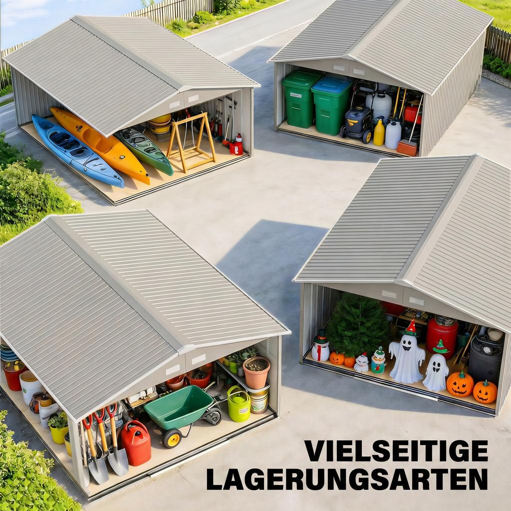 13 x 11 pés Galpão de Armazenamento de Metal para Jardim Galpão de Armazenamento Externo com Kit de Fundação Ventilação e Portas, Cinza Claro
