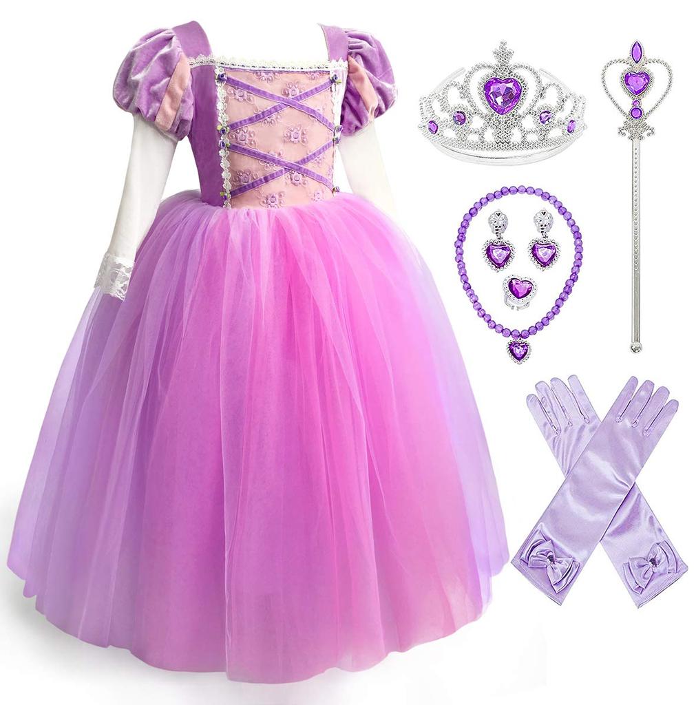Axaxa Princess Dress, Rapunzel Costume for Kids (Long Hair Princess Dress + Tiara, Etc.), 7-Piece Set, Sizes 100-140cm, Kids' Costume, One-Piece