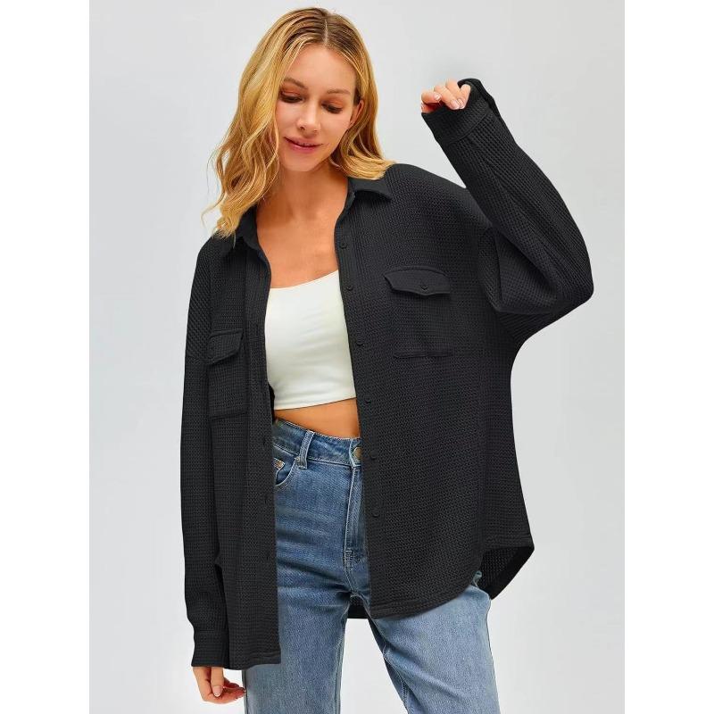 Women's Pocket Shirt Solid Color Casual Oversized Long Sleeve Waffle Weave Top