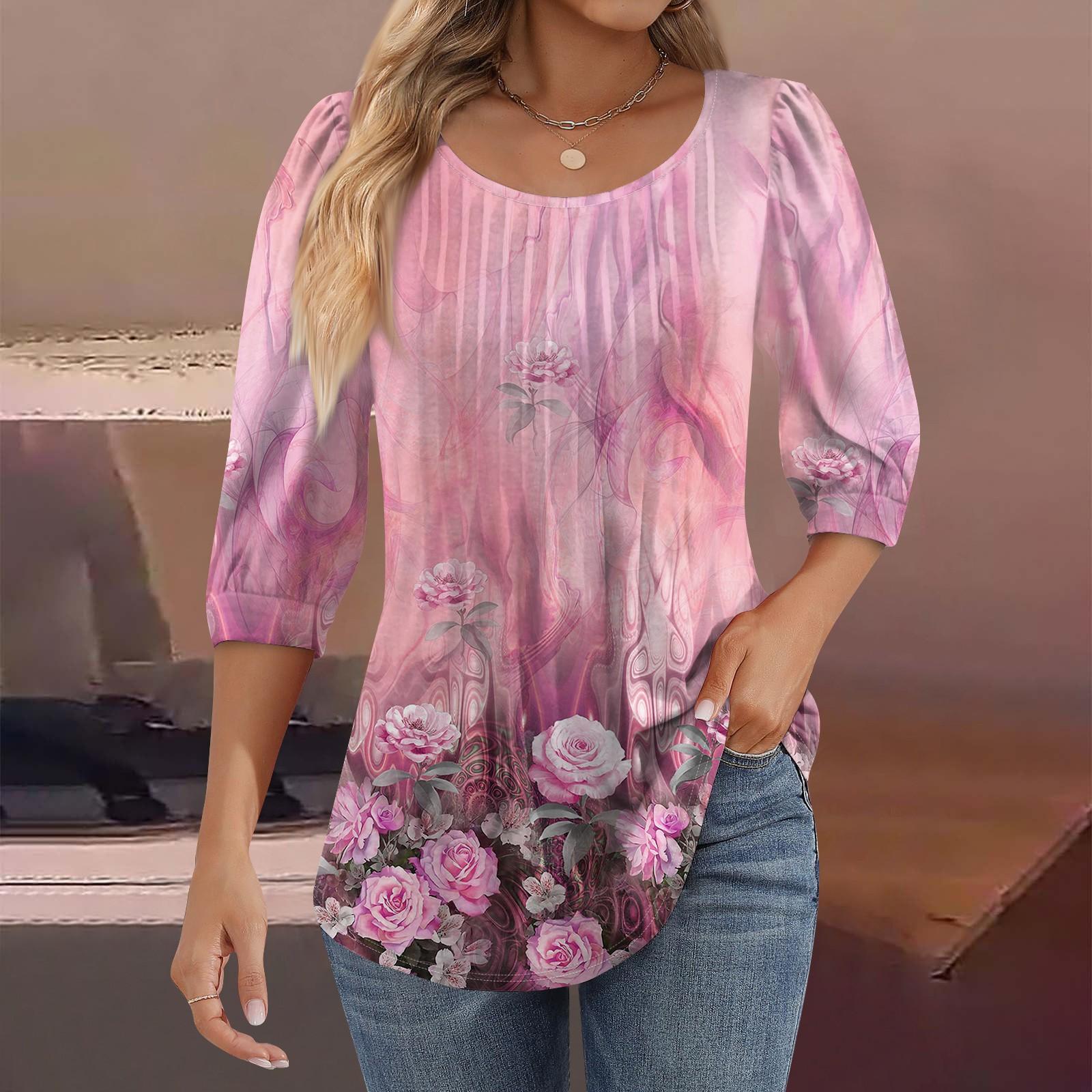 

Женские туники с пышными рукавами 3/4, топы, плиссированные блузки с воротником, повседневные свободные весенне-летние футболки S