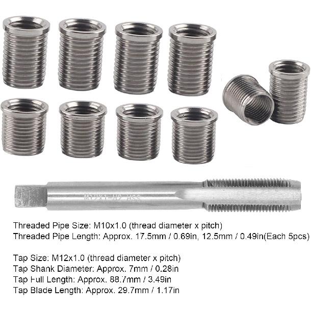 Spark Plug Thread Repair Kit, M10×1.0 Inserts and M12×1.0 Tap Stainless Steel Spark Plug Repair kit for Automotive Engine