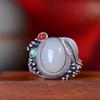 Natural Hetian Jade Cabochon Ring In Retro Gilt Design with Lotus Leaf and Stone Inlay