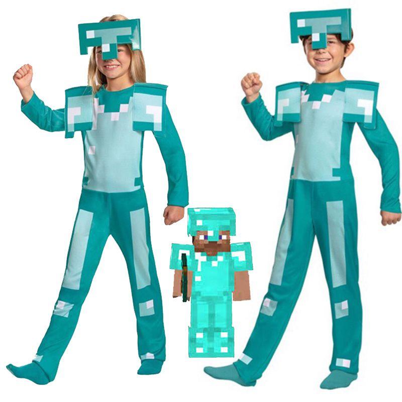 Minecraft Steve Rüstung Kinder Cosplay Kostüm Jumpsuit für Jungen und Mädchen Perfekt für Halloween und Verkleidungsveranstaltungen