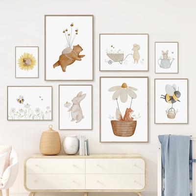 Rabbit Fox Bear Bee Mouse Flower Boho Cartoon Farm Wall Art Canvas Painting Posters And Prints Pictures For Baby Kids Room Decor