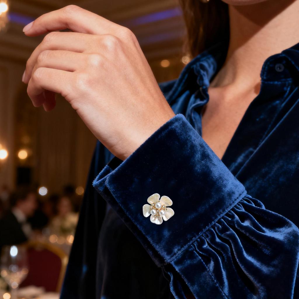 Elegant Button Cover Cufflinks with Flower Faux Pearl Rhinestone Cufflink Button Covers for Women Blouses Tuxedo Shirt Dress