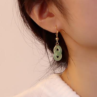 Interlocking Hetian Jade Earrings, Simple National Ethnic Style Ear Hook, Long White Chalcedony Safety Buckle Earrings, Women'S