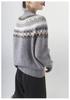 Women's 100% Wool Fair Isle Jacquard Sweater - Heavy Knit, Half-High Collar Pullover