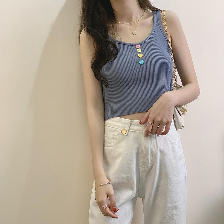 Neuer Koreanischer Stil Koreanischer Stil Süßes Mädchen Trägerweste Liebesknopf Gestrickt Kurz Bäuchleinfreies Top