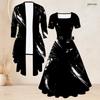 Women Plus Size Red Black Printed Two Piece Set Square Neck Tie Waist Flared Dress And 3 4 Sleeve Cardigan