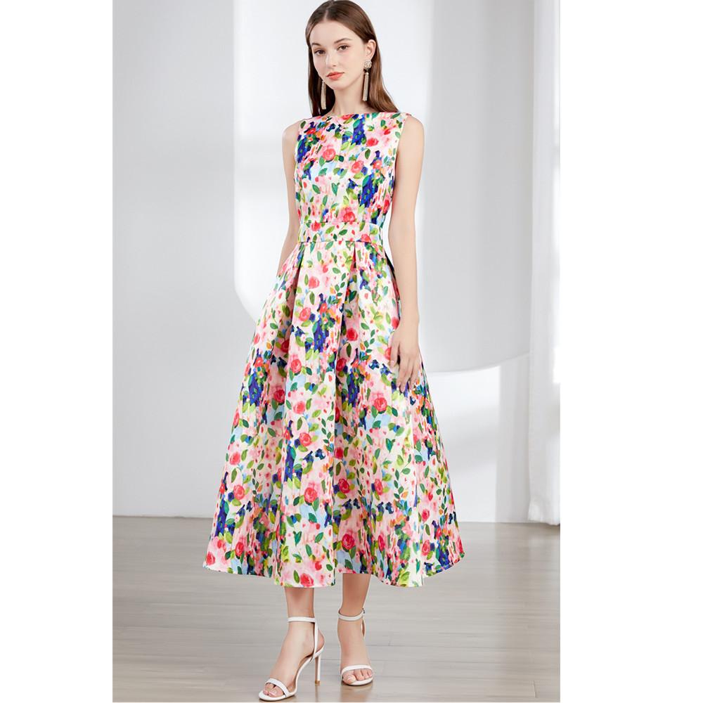 Fashion Colorful Floral Print Jacquard Summer Dresses Women Elegant Sleeveless Draped Party Prom Slim Tank Dress