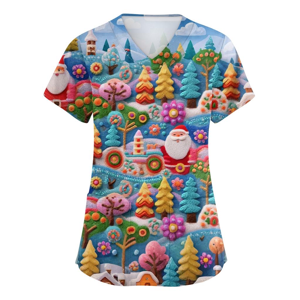 Women's V-neck Christmas printed short-sleeved pocket side-slit protective suit top