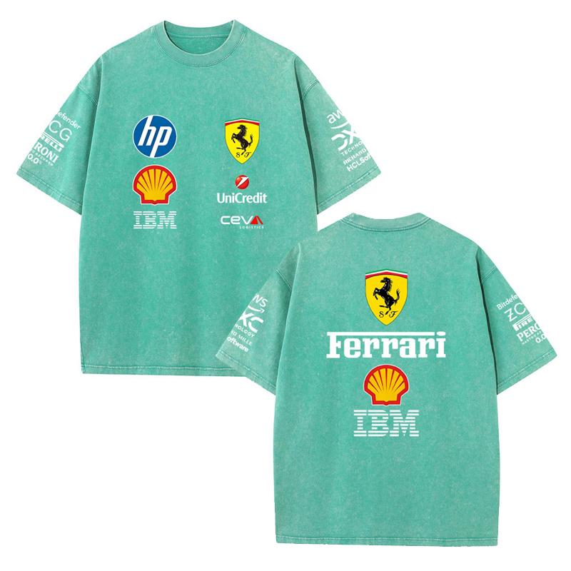 Vintage Washed Black Ferrari F1 Racing T Shirt Oversized Short Sleeve Tee Retro Motorsport Sponsor Logo Print Casual Streetwear Loose Top