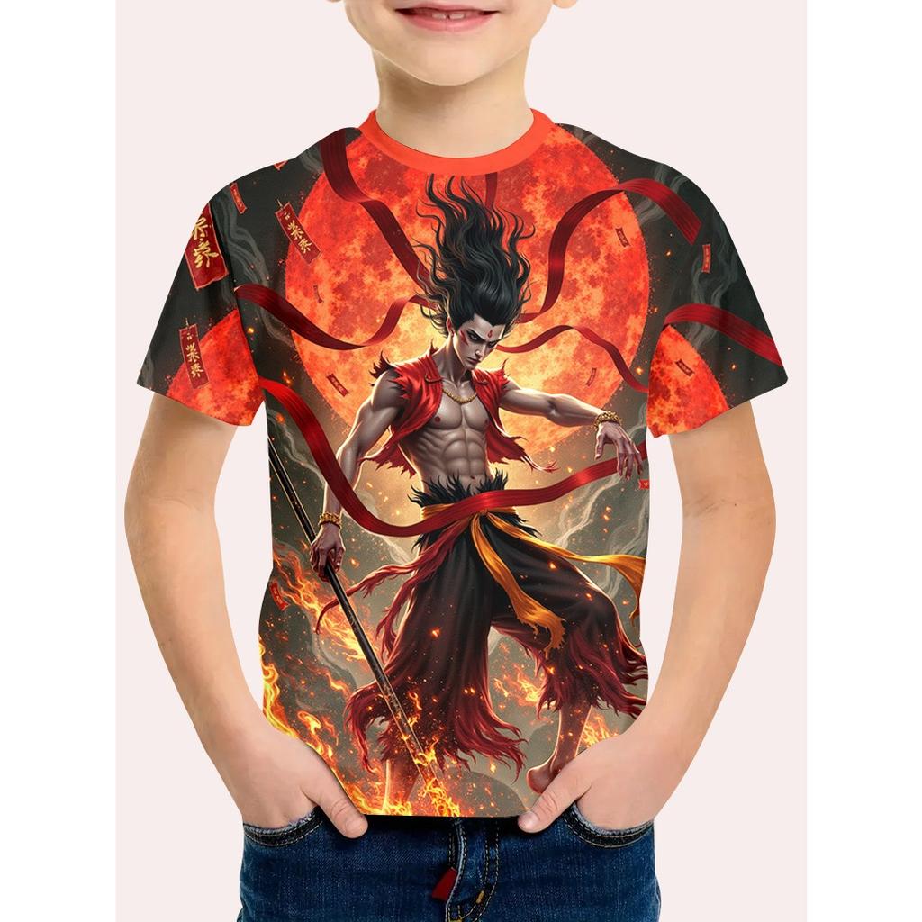 Summer Round Neck Animated Character Nezha 3D Printed Top Fashionable Casual Short Sleeved Children's Boy T-shirts