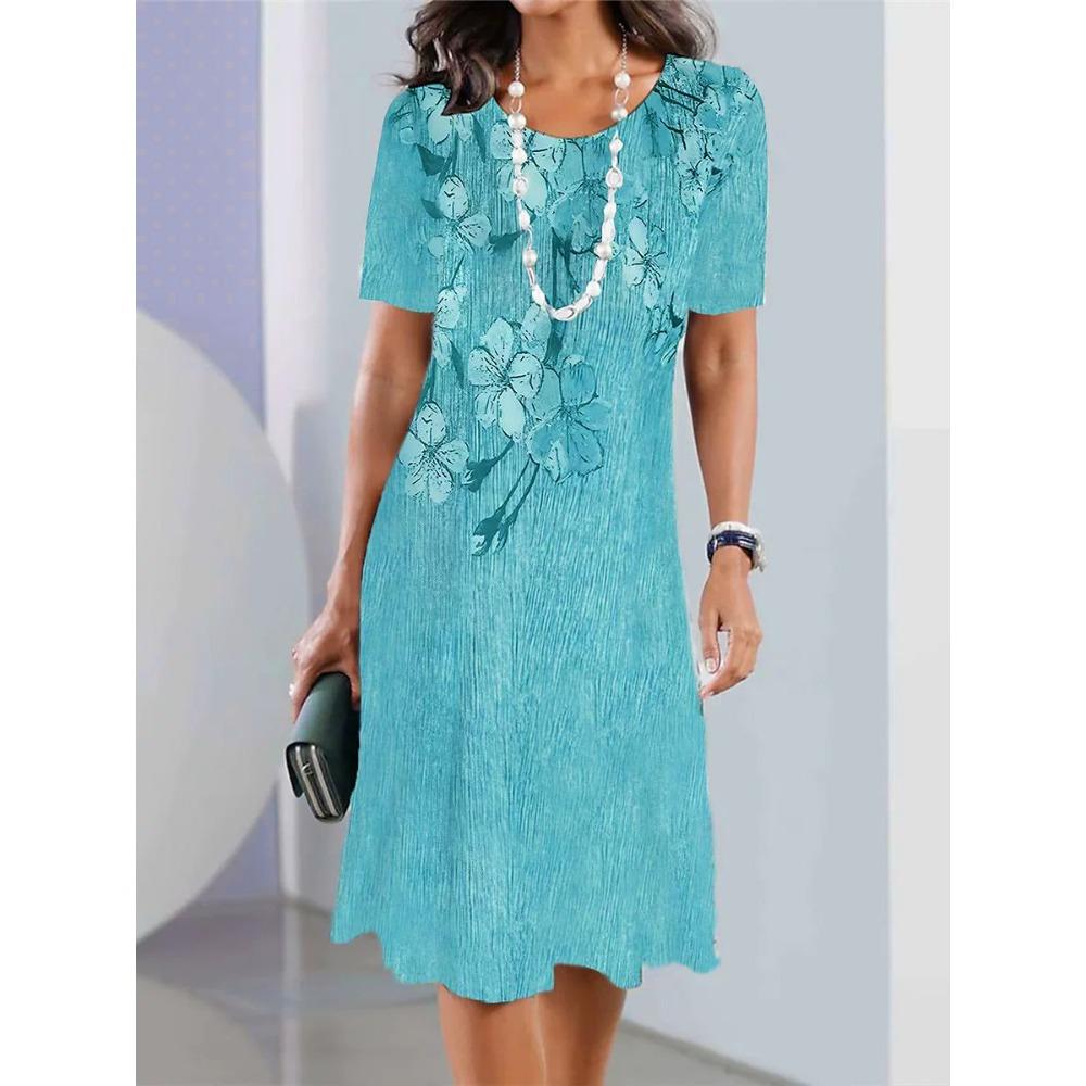 Women Elegant Flower Pattern Mini Dresses Short Sleeve 3d Flower Printed Street Fashion Ladies Dress Loose Dress S