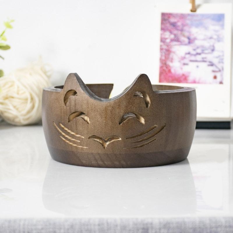 Wood Yarn Storage Bowl Wood Weaving Thread Bowl with Carved Holes Yarn Organiser for Crochet