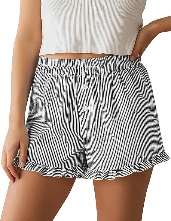 Women's Y2K Ruffle Striped Casual Shorts with Pockets - Spring/Summer Pajama Beachwear