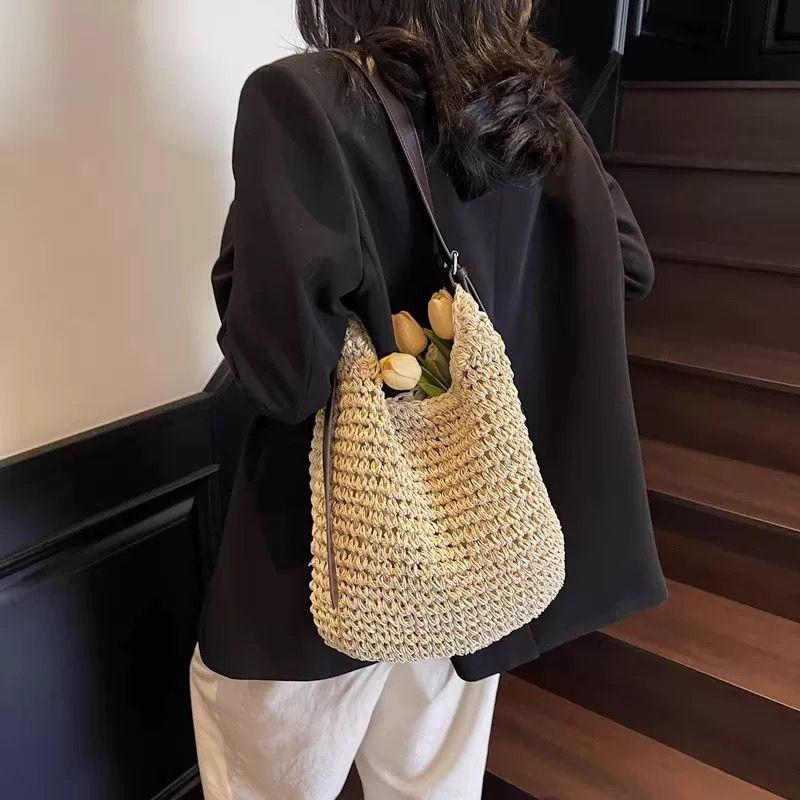 

Super Popular Hand-Woven Bag for Women 2025 New Light Luxury Niche High Sense Seaside Vacation Beach Straw Bag Beige White