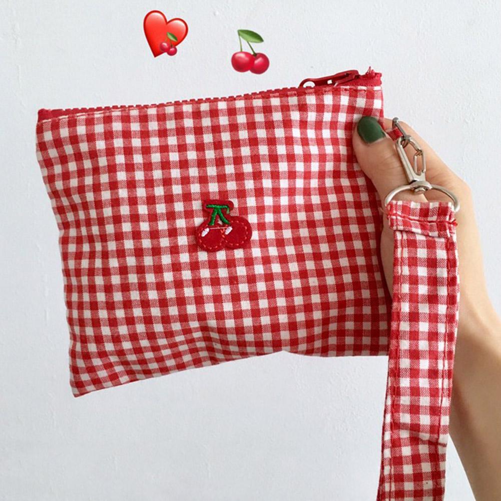 Red Cherry Canvas & Red Plaid Makeup Bag - Large Capacity Cosmetic Lipstick Storage, Portable Easy to Carry, Solve Makeup Clutte