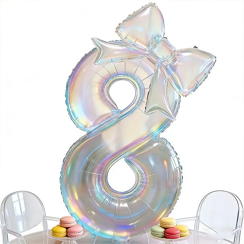Large Iridescent Transparent Number-shaped Foil Balloons with 24-inch Iridescent Bow Decorations, Suitable for Birthday Parties