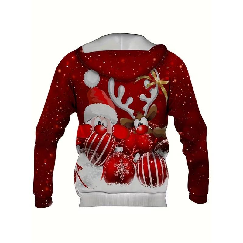 Módní pánská vánoční mikina s kapucí a stahovací šňůrkou z polyesterové tkaniny pro sváteční nošení s dlouhým rukávem a 3D potiskem