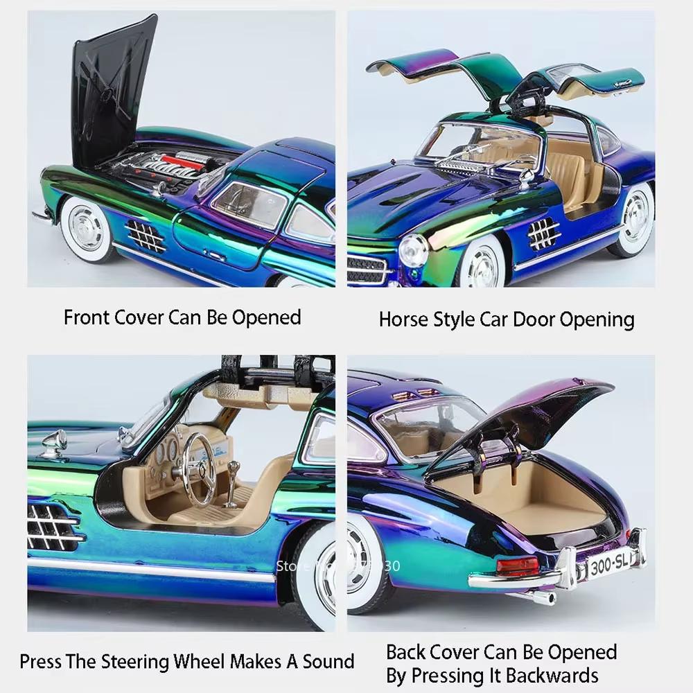 Nové 1:Miniaturní model retro auta 300SL z hliníkové slitiny v měřítku 1:24, otevíratelné 4 dveře, zvukové a světelné efekty, dárek ke Dni dětí