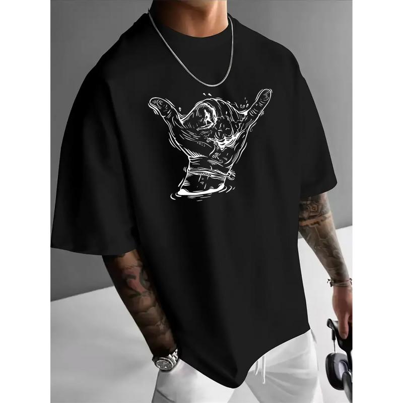 Men'S Casual T-Shirt with a Surfing Shaka Gesture Print, Stylish And Versatile Summer Short-Sleeve Round-Neck Tee, Plus Size